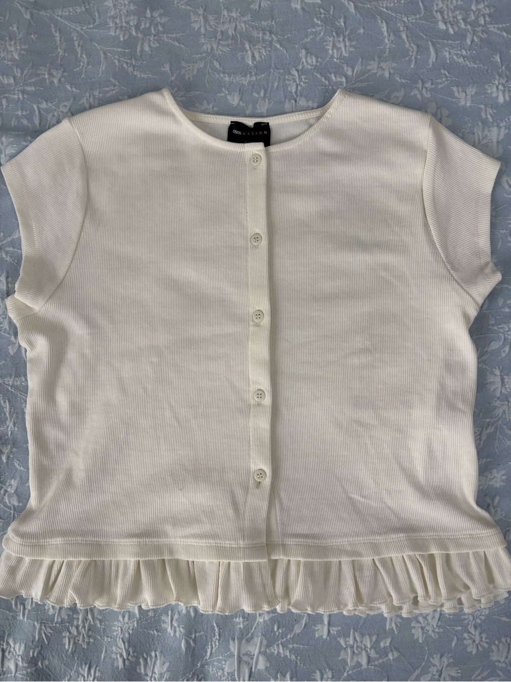 ASOS Cream Short Sleeve Button-Front Top with Ruffle Hem